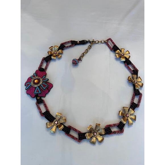 Mary Frances Belt Necklace Boho Beaded Flowers Adjustable Link Vintage 90s - Picture 1 of 8